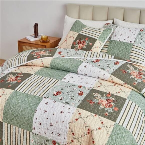 Quilt Set Full/Queen Size, 3 Pieces Green Floral Plaid Summer Bedspread - Picture 4 of 7
